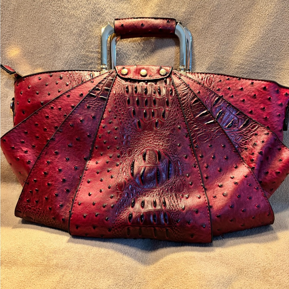 Red Textured Faux Leather  Purse with Glossy Finish